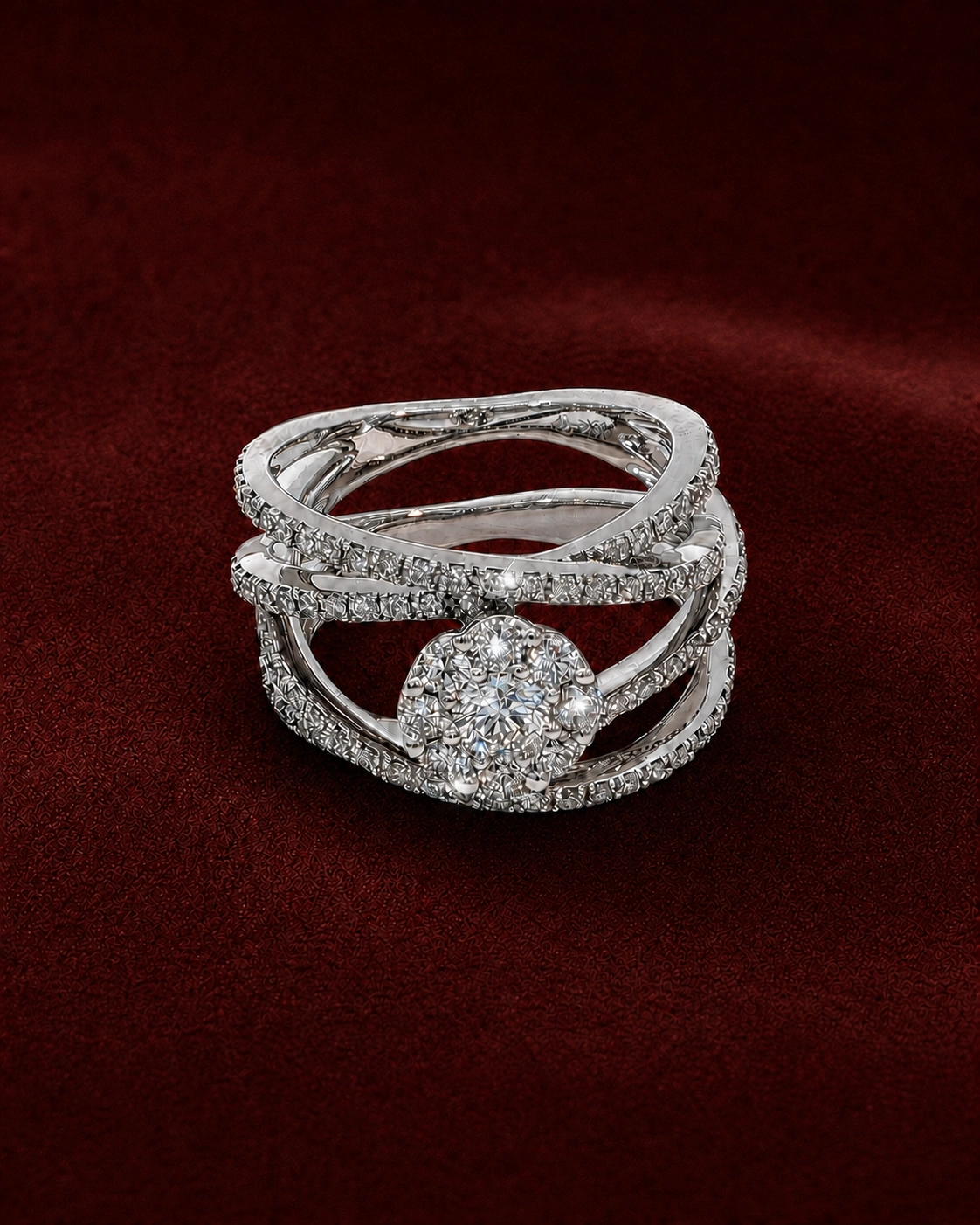 Editorial image featuring the ERH1023 sculptural openwork diamond ring